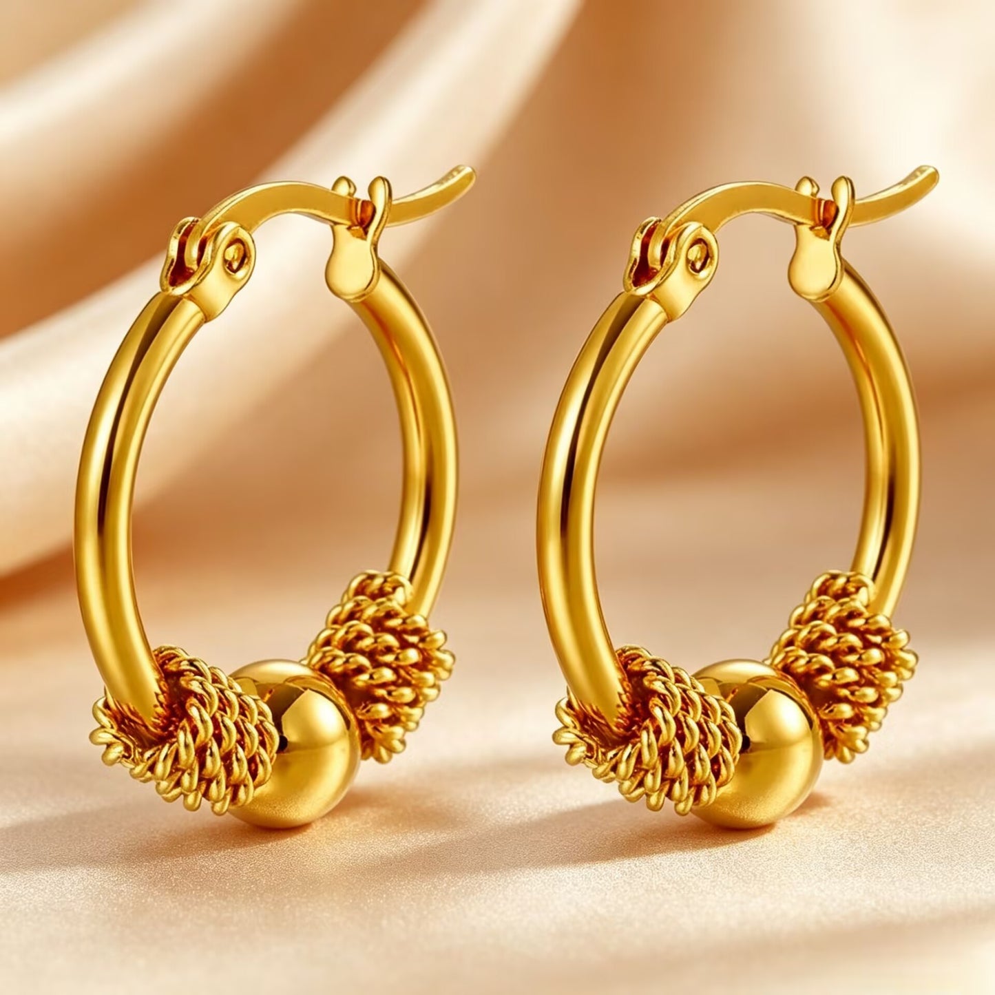 Vintage Titanium Beaded Ball Hoop Earrings
