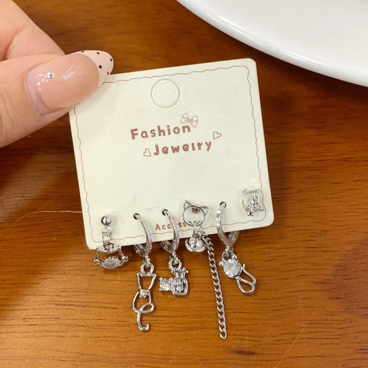 925 Sterling Silver Sweet Cat Bow Zircon Star Earrings Set
