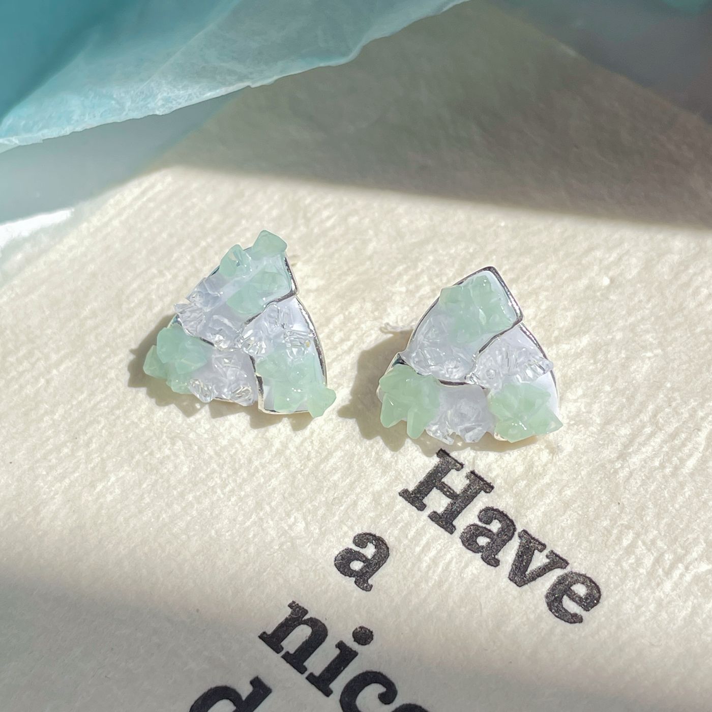 925 Sterling Silver Mint Green Crystal Star Tassel Bow Drop Earrings