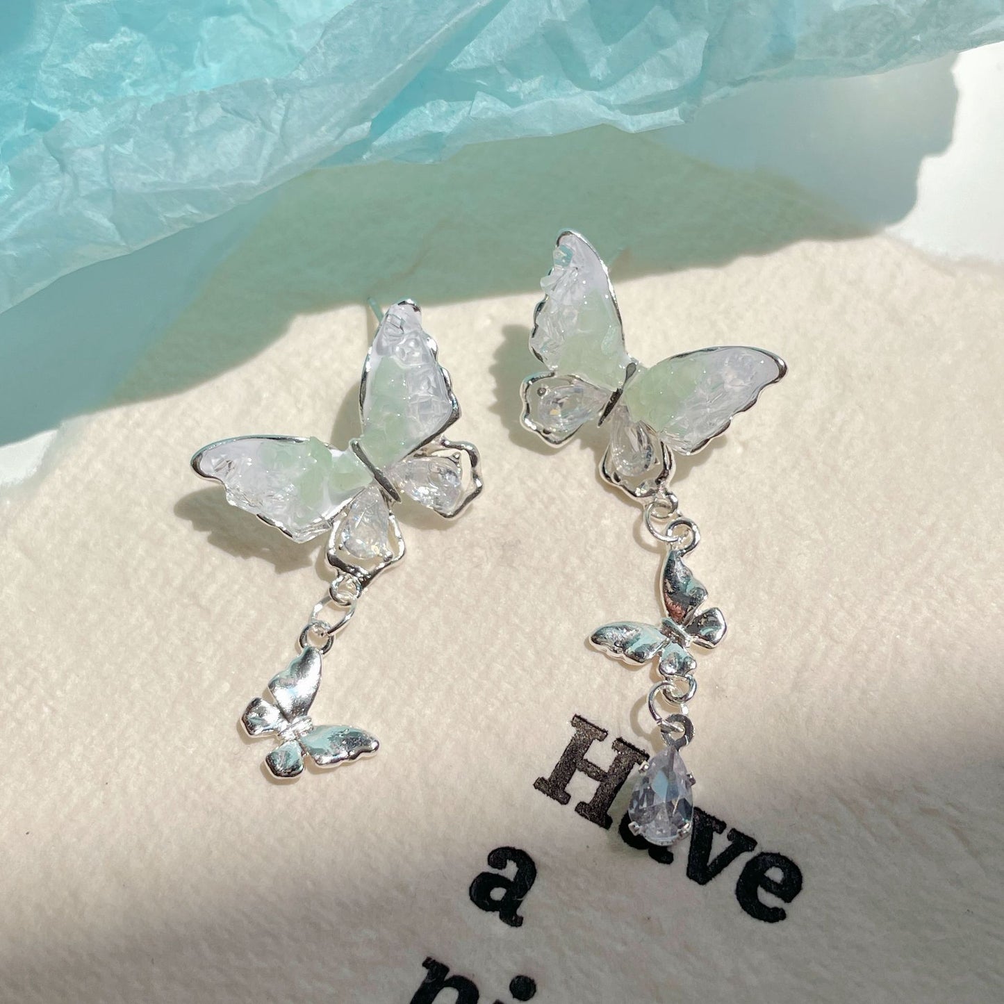925 Sterling Silver Mint Green Crystal Star Tassel Bow Drop Earrings